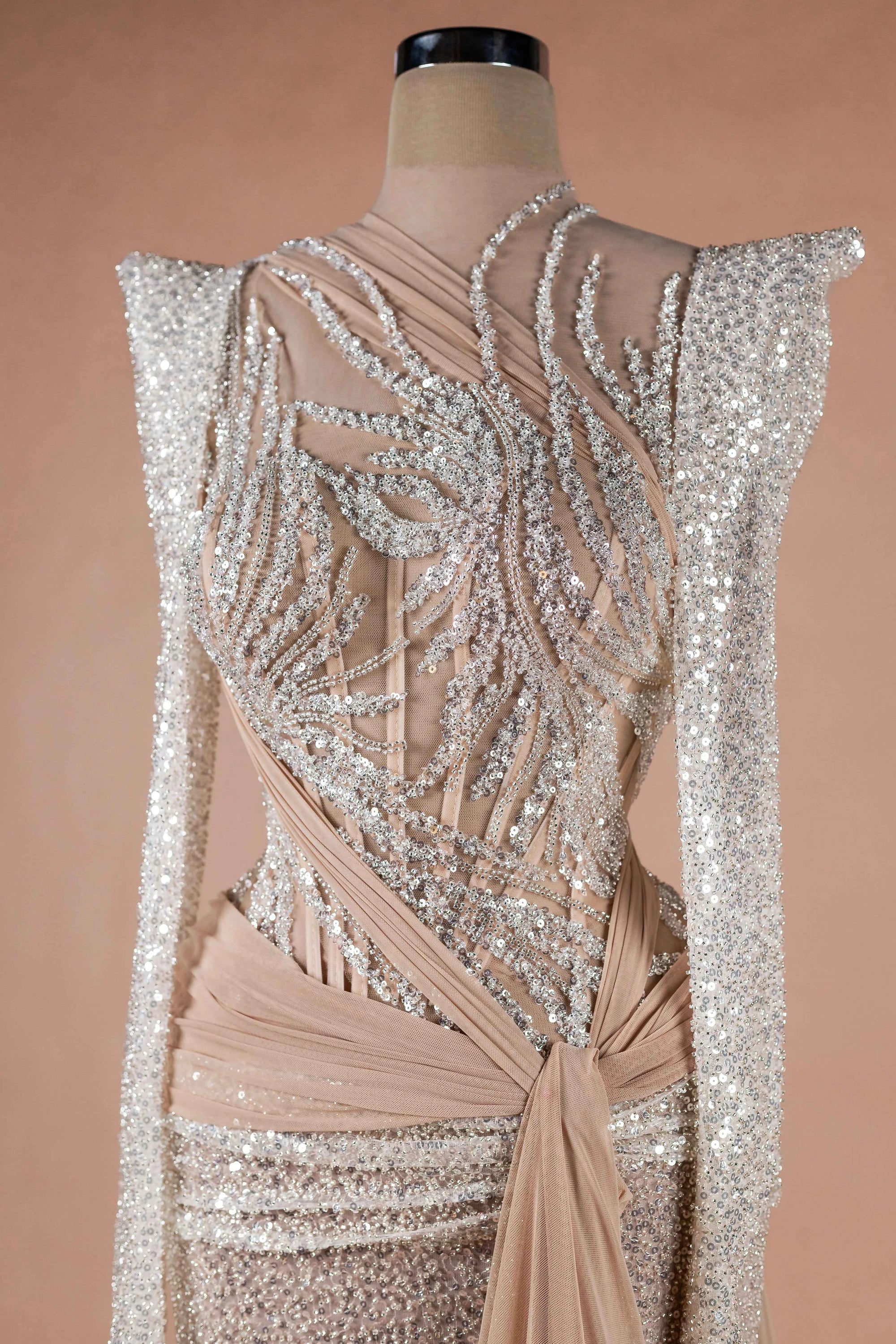 Sihëna Champêtre Glow — champagne high-neck long-sleeve mermaid evening dress