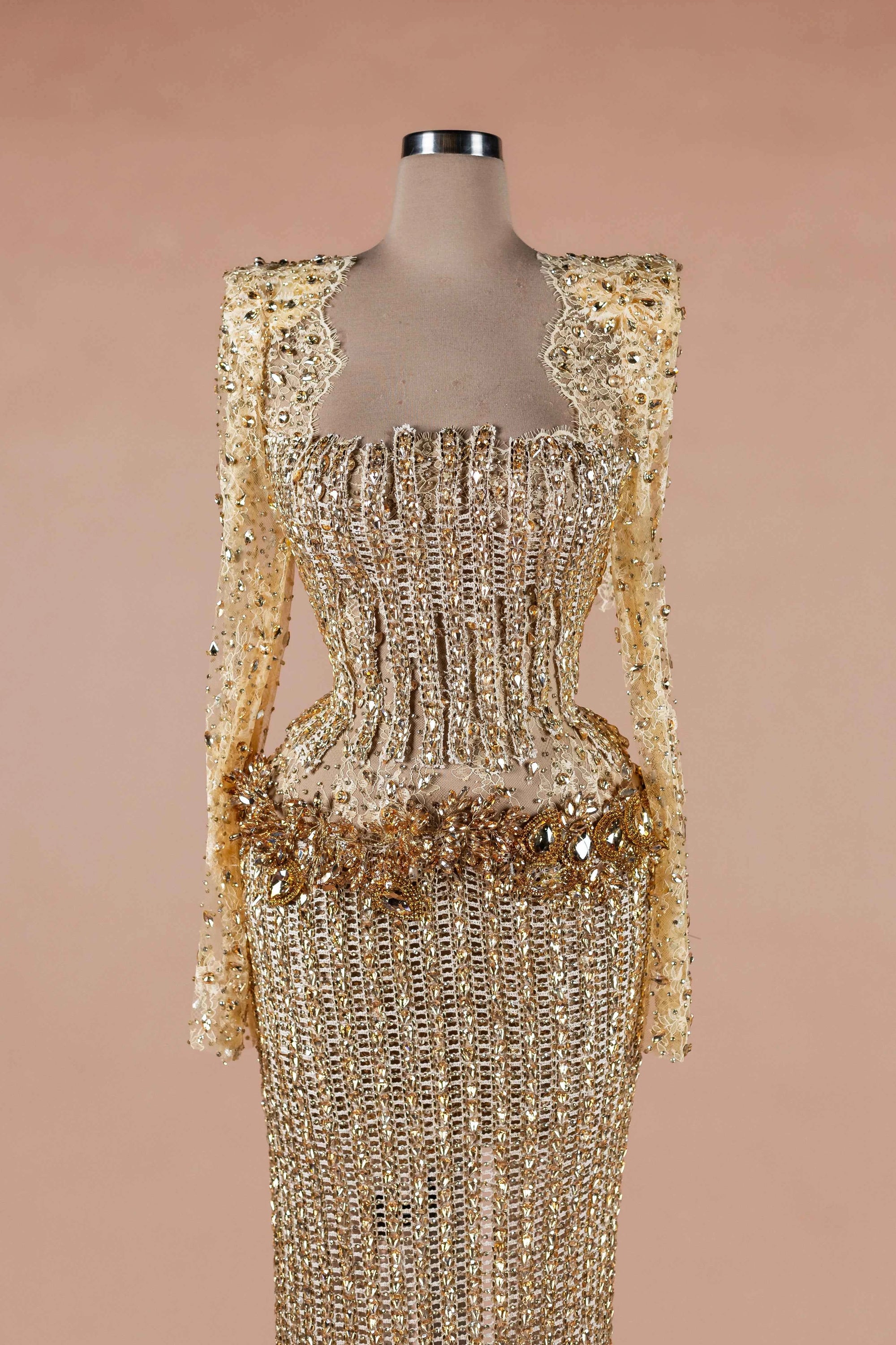 Sihëna Gilded Corset Column — gold square long-sleeve column evening dress