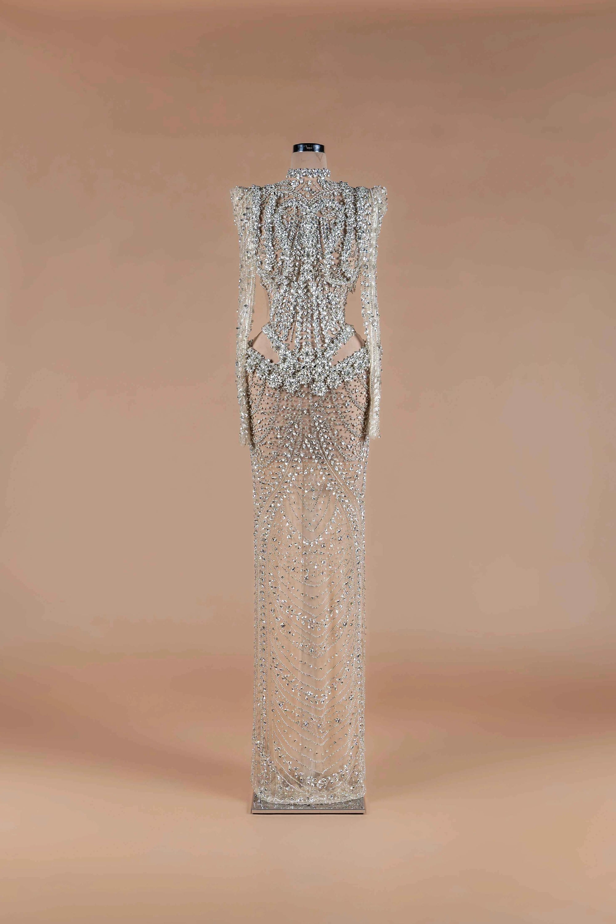 Sihëna Prismatic Cascade — silver high-neck long-sleeve column gown encrusted with crystal and beadwork on sheer nude tulle.