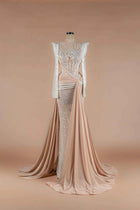 Sihëna Champêtre Glow — champagne high-neck long-sleeve mermaid gown with silver sequin feather-motif beadwork and draped sash with high slit.