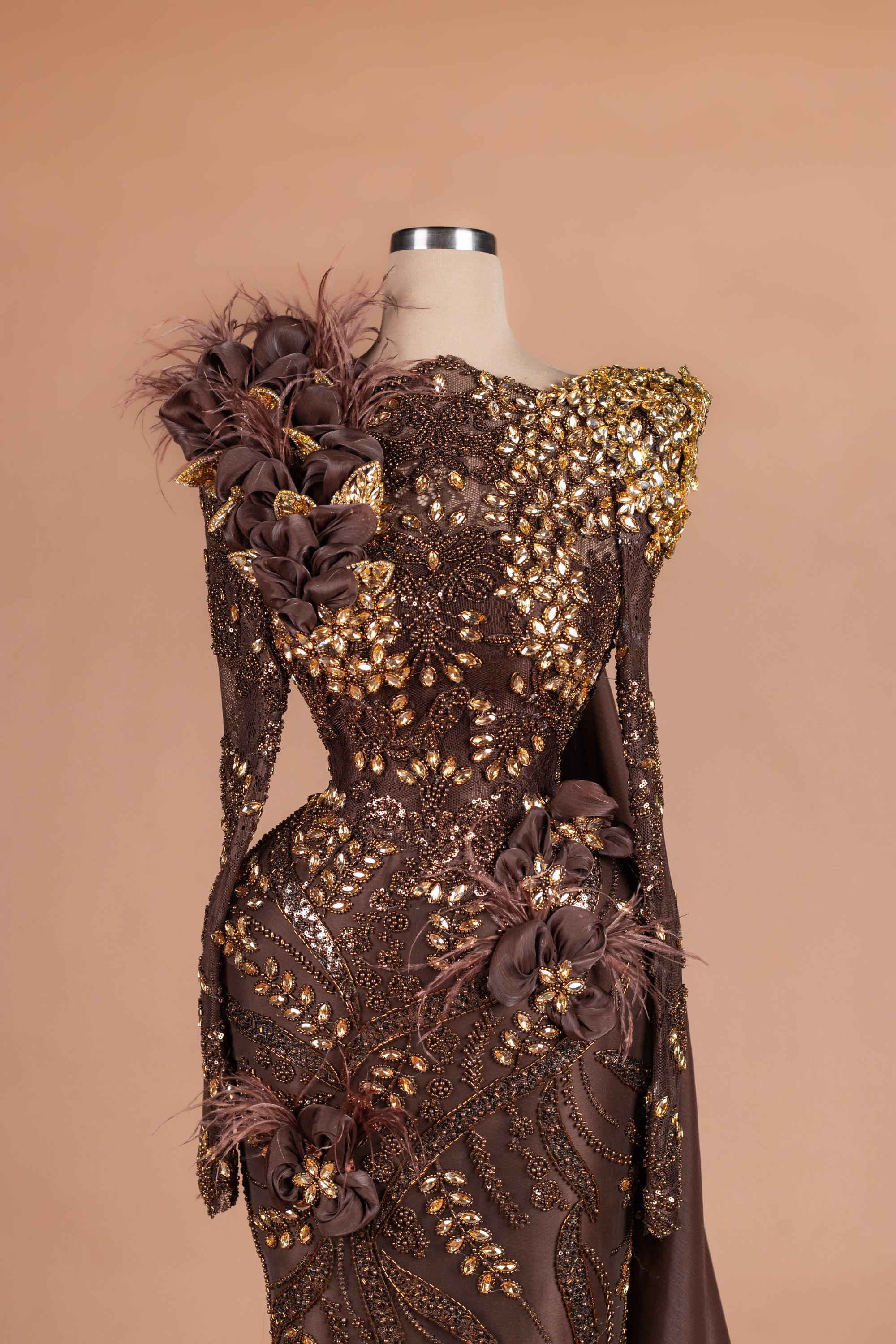 Sihëna Cocoa Bloom Reverie — chocolate bateau long-sleeve mermaid evening dress