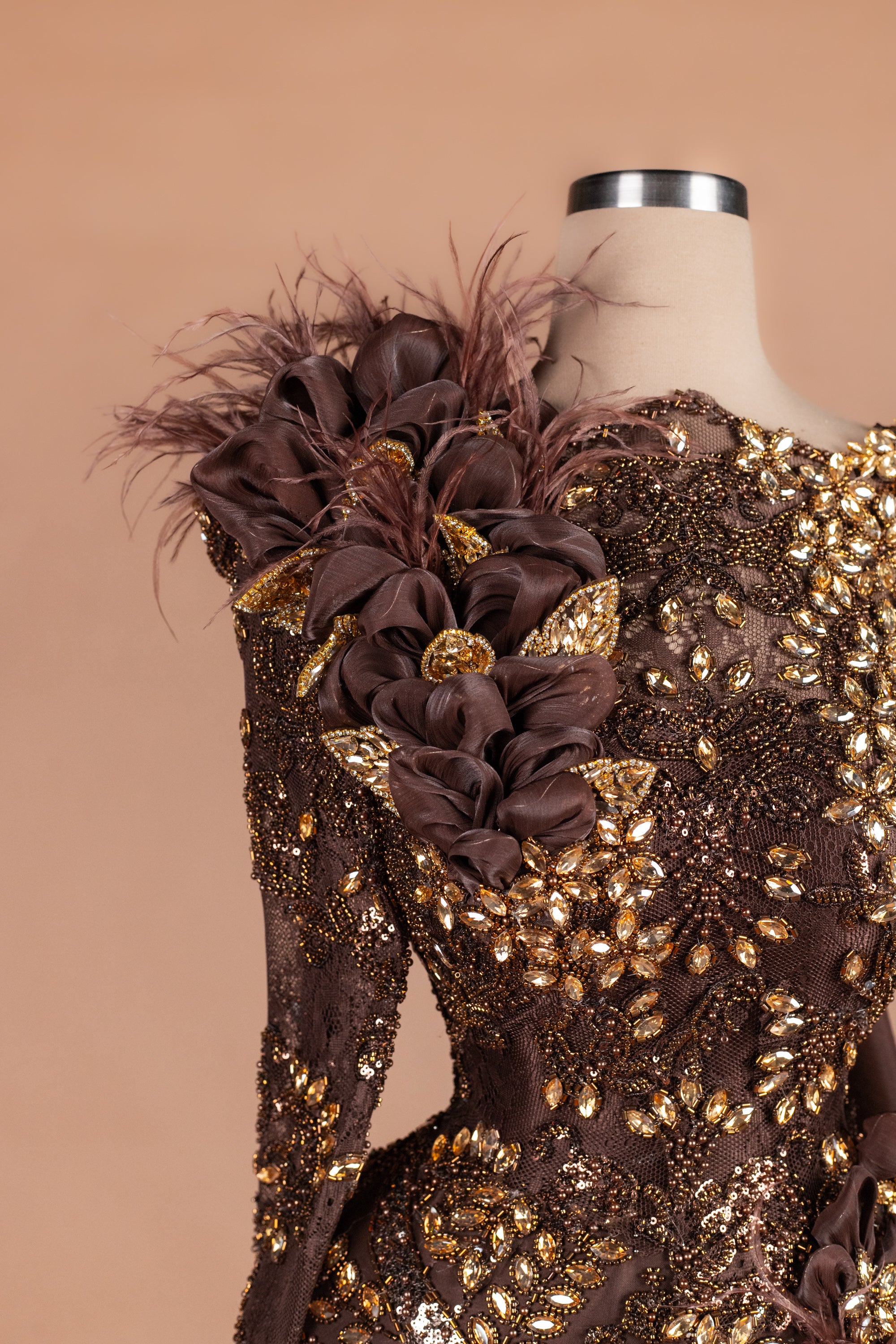 Sihëna Cocoa Bloom Reverie — chocolate bateau long-sleeve mermaid evening dress