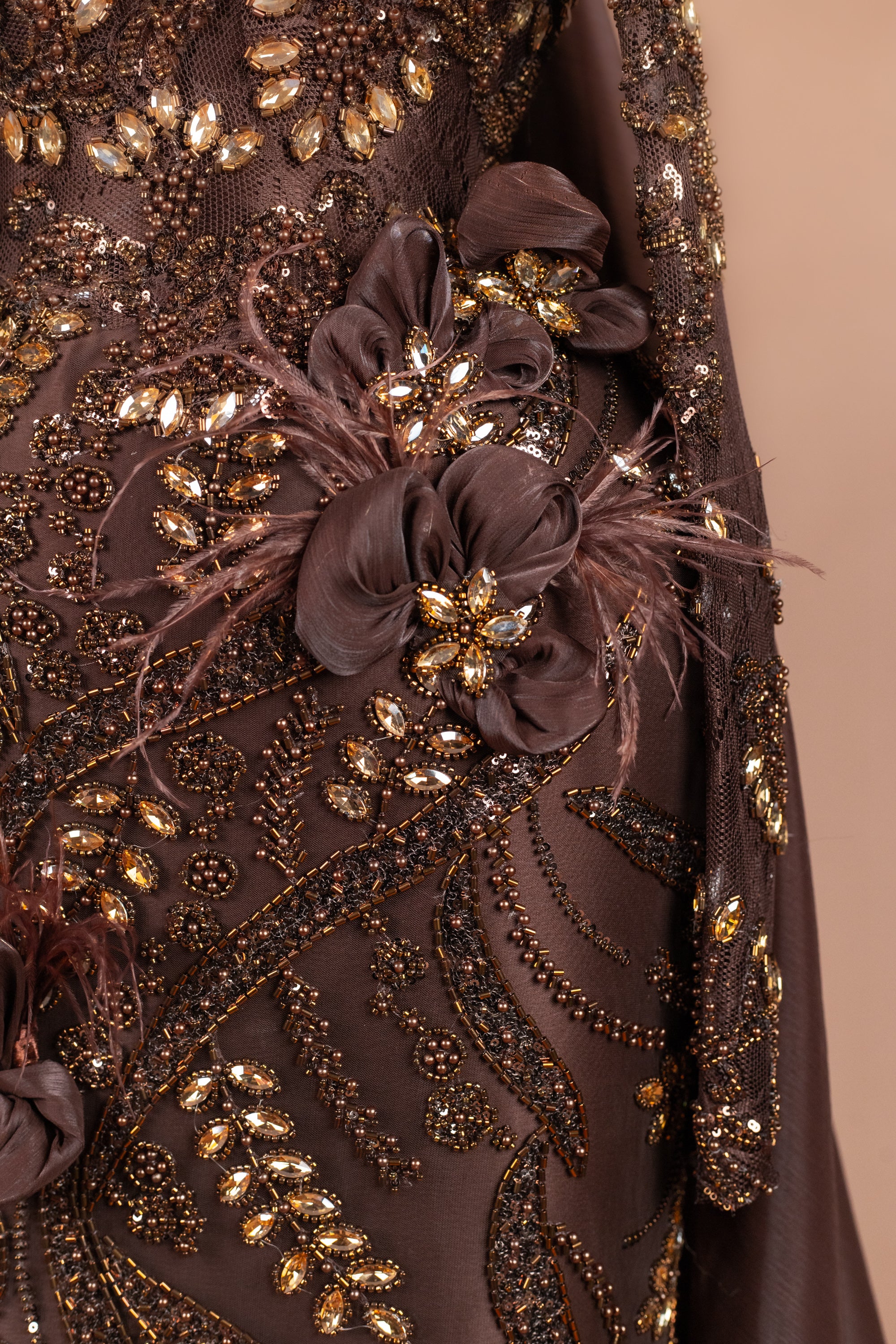 Sihëna Cocoa Bloom Reverie — chocolate bateau long-sleeve mermaid evening dress