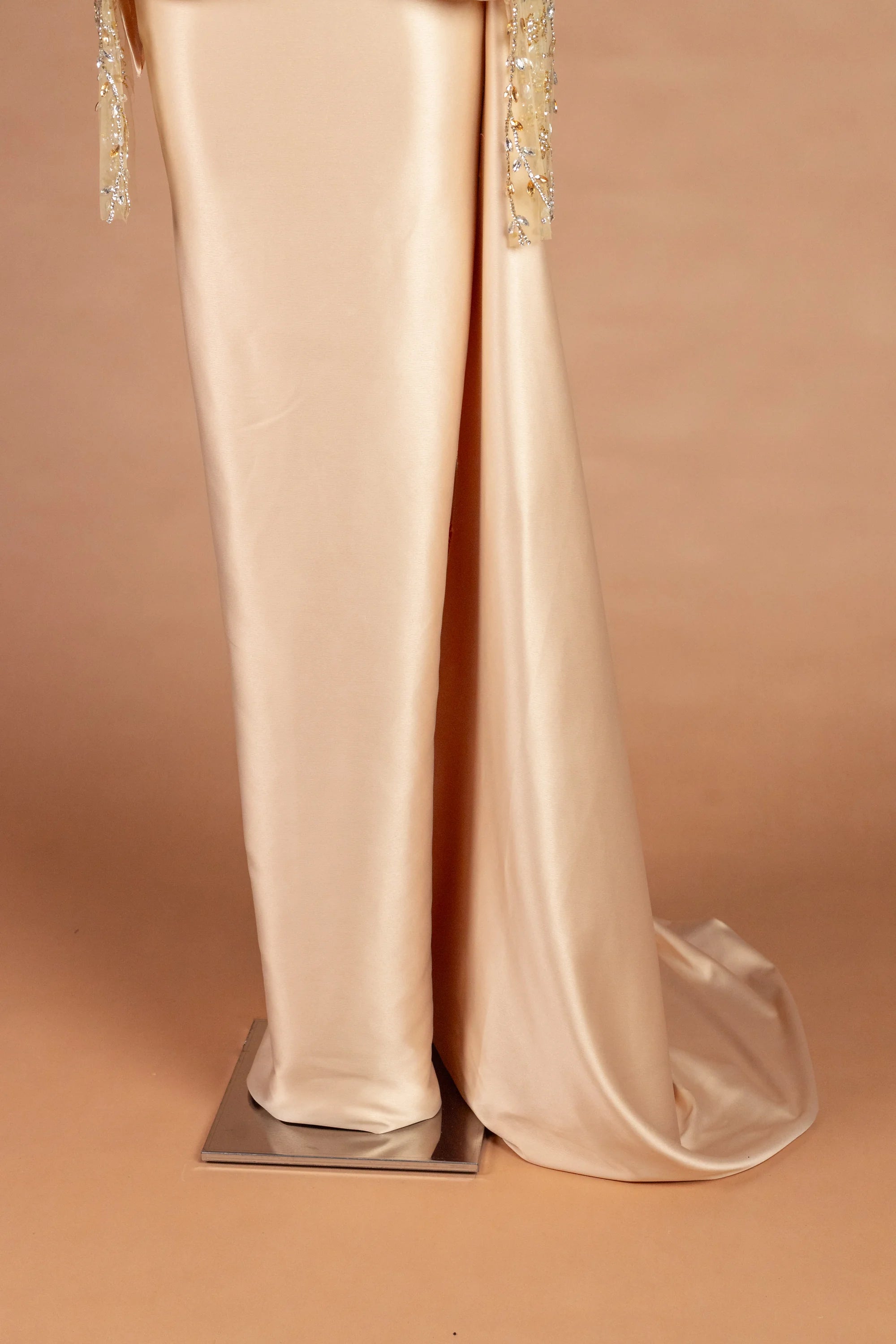 Sihëna شمسُ الشتاء — champagne illusion long-sleeve column evening dress