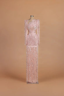 Sihëna Blush Cadence — blush asymmetric long-sleeve column gown with sequin embellishment.
