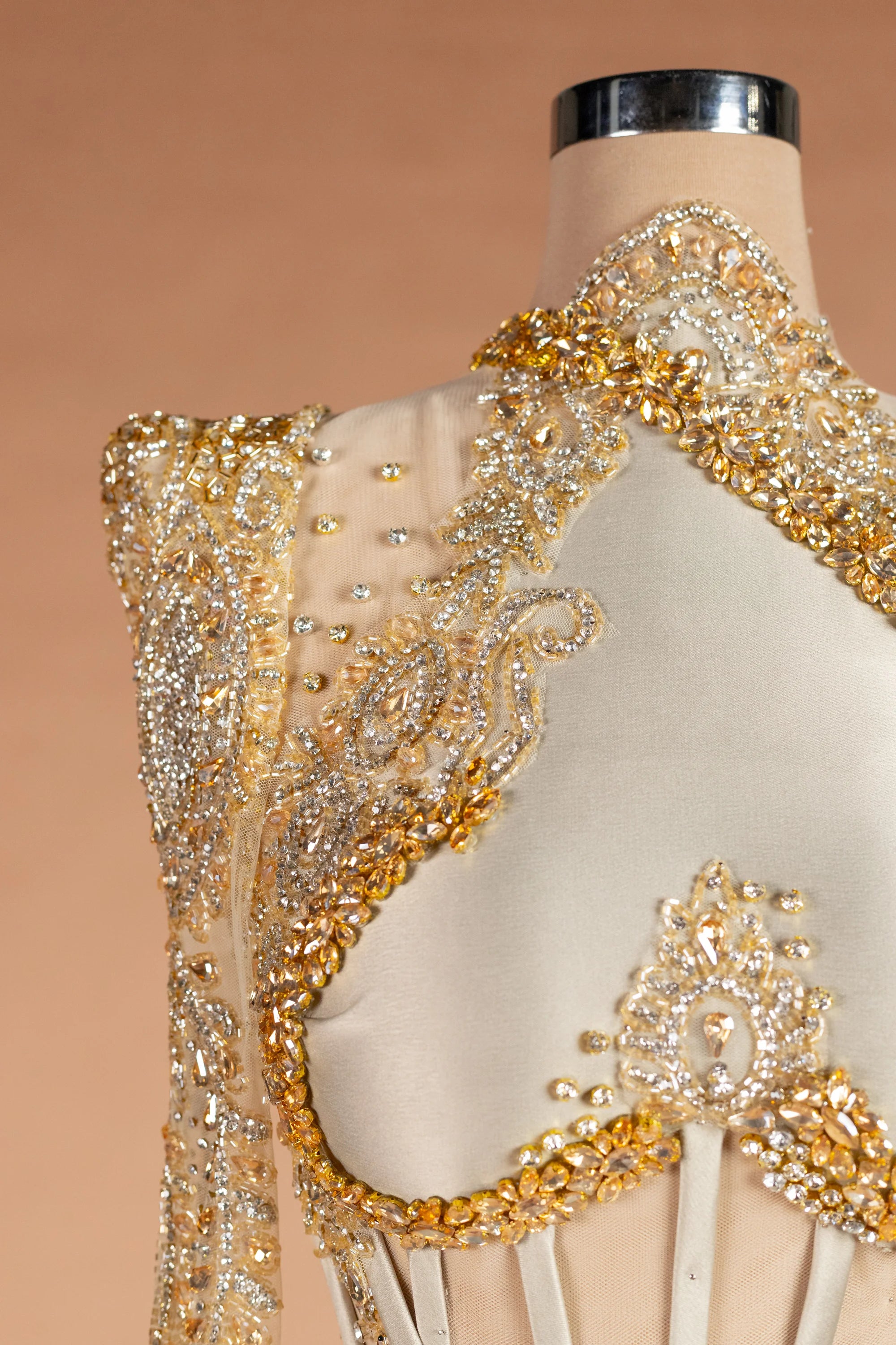 Sihëna موكب الشموع — champagne illusion long-sleeve column evening dress