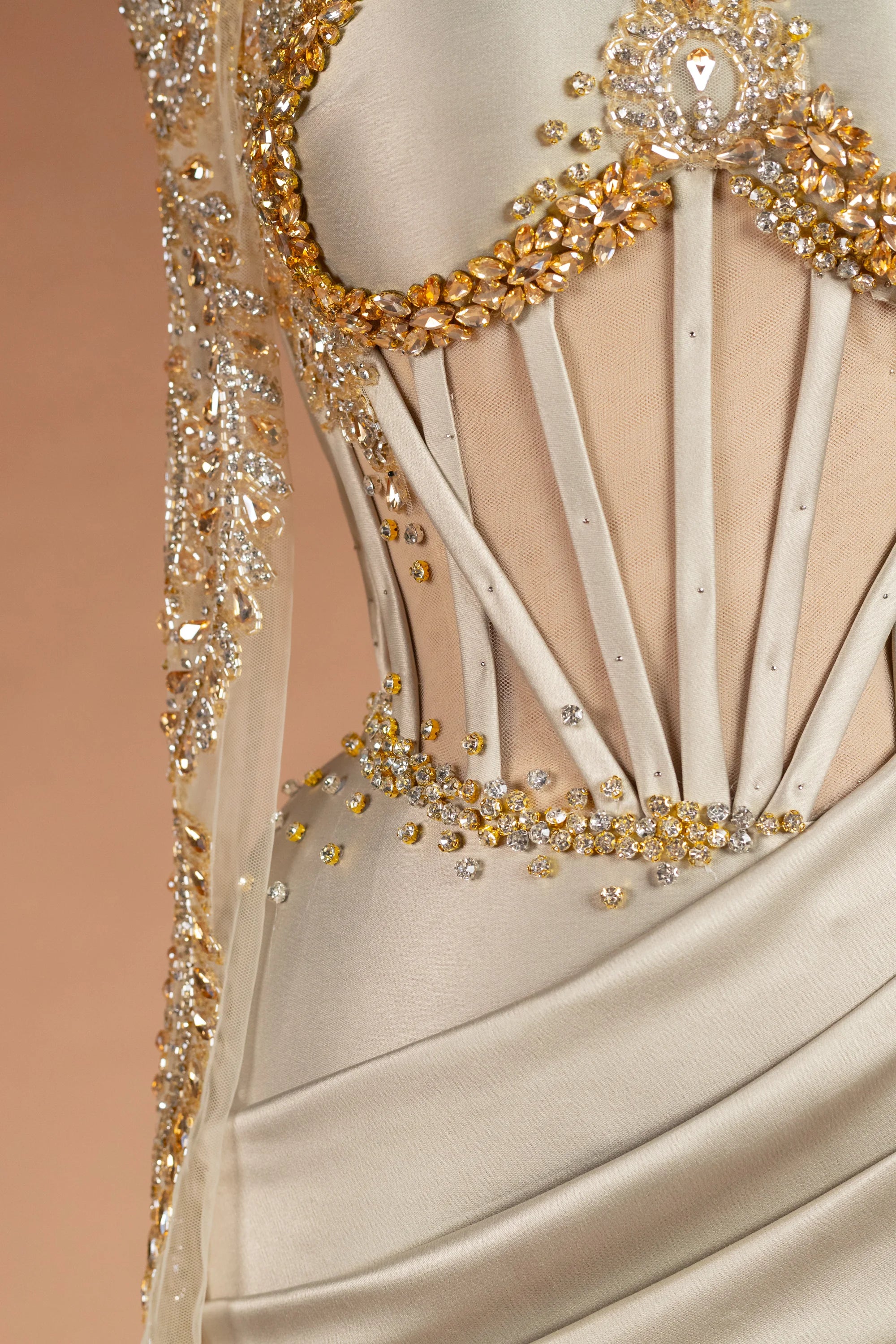 Sihëna موكب الشموع — champagne illusion long-sleeve column evening dress