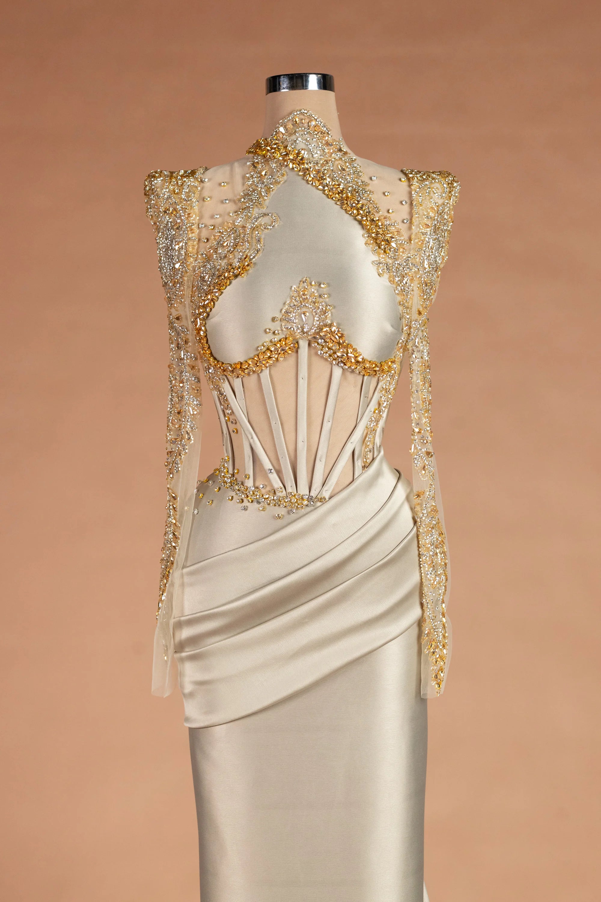 Sihëna موكب الشموع — champagne illusion long-sleeve column evening dress