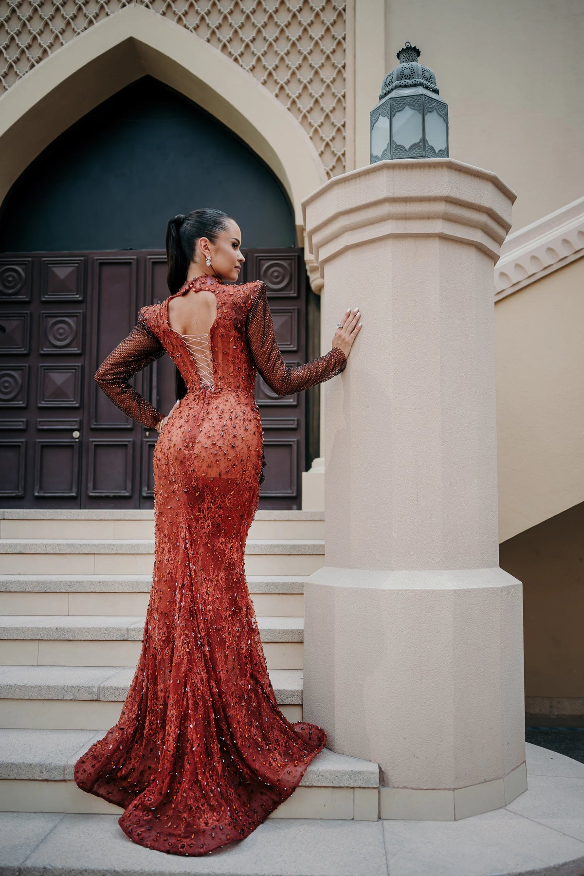 Sihëna Carnelian Sarabande — rust high-neck long-sleeve mermaid evening dress