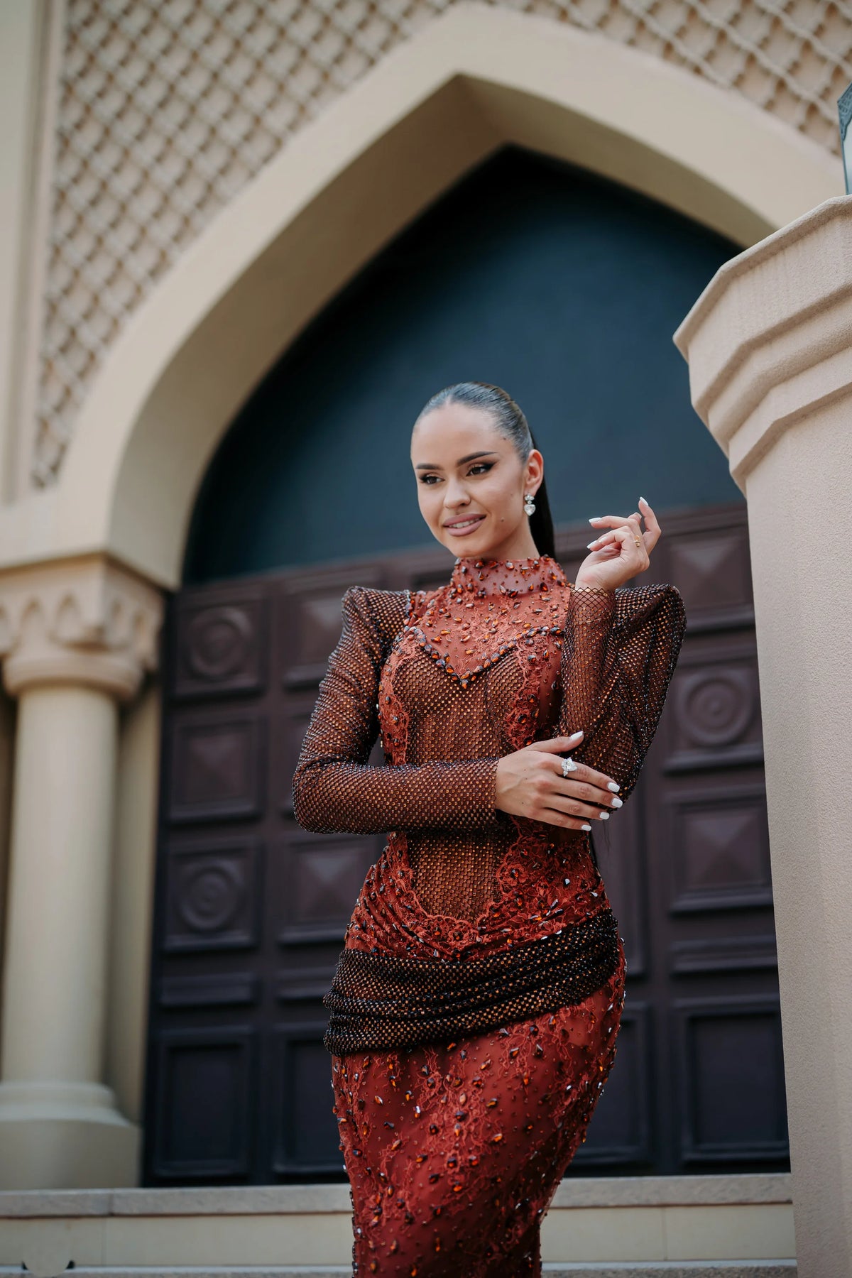 Sihëna Carnelian Sarabande — rust high-neck long-sleeve mermaid evening dress