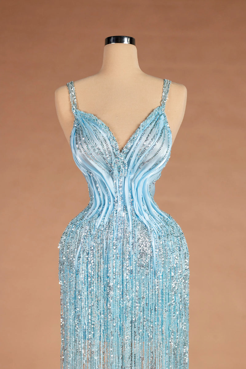 Sihëna نافورة الجليد — powder-blue v-neck spaghetti-strap column evening dress