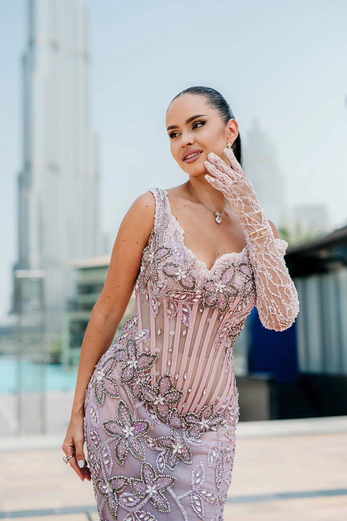 Sihëna خَلَنْجُ الغَسَق — lilac one-shoulder long-sleeve column evening dress