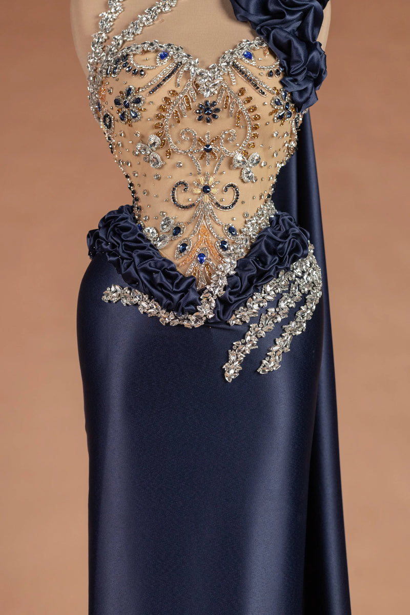 Sihëna وردة المداد — navy asymmetric sleeveless column evening dress