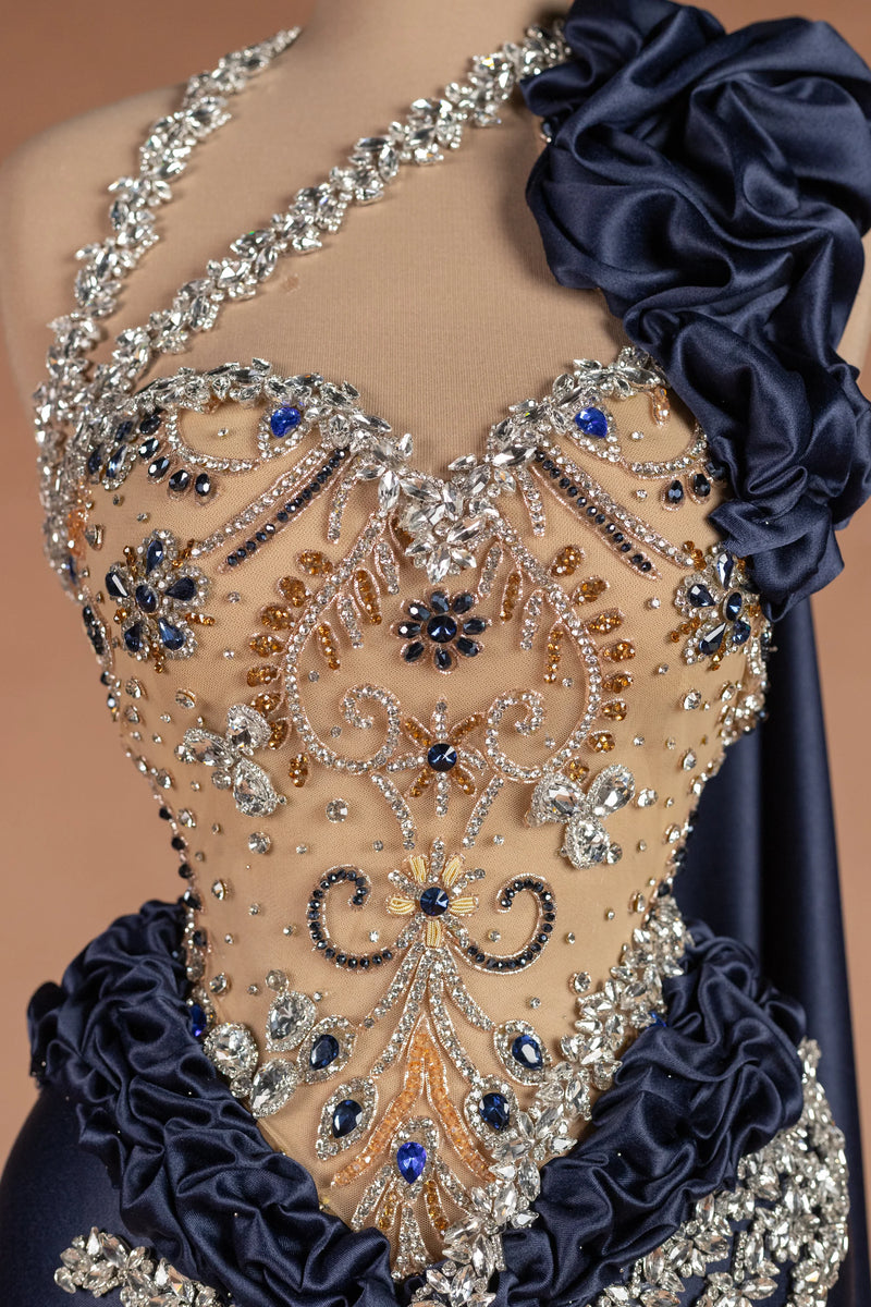 Sihëna وردة المداد — navy asymmetric sleeveless column evening dress