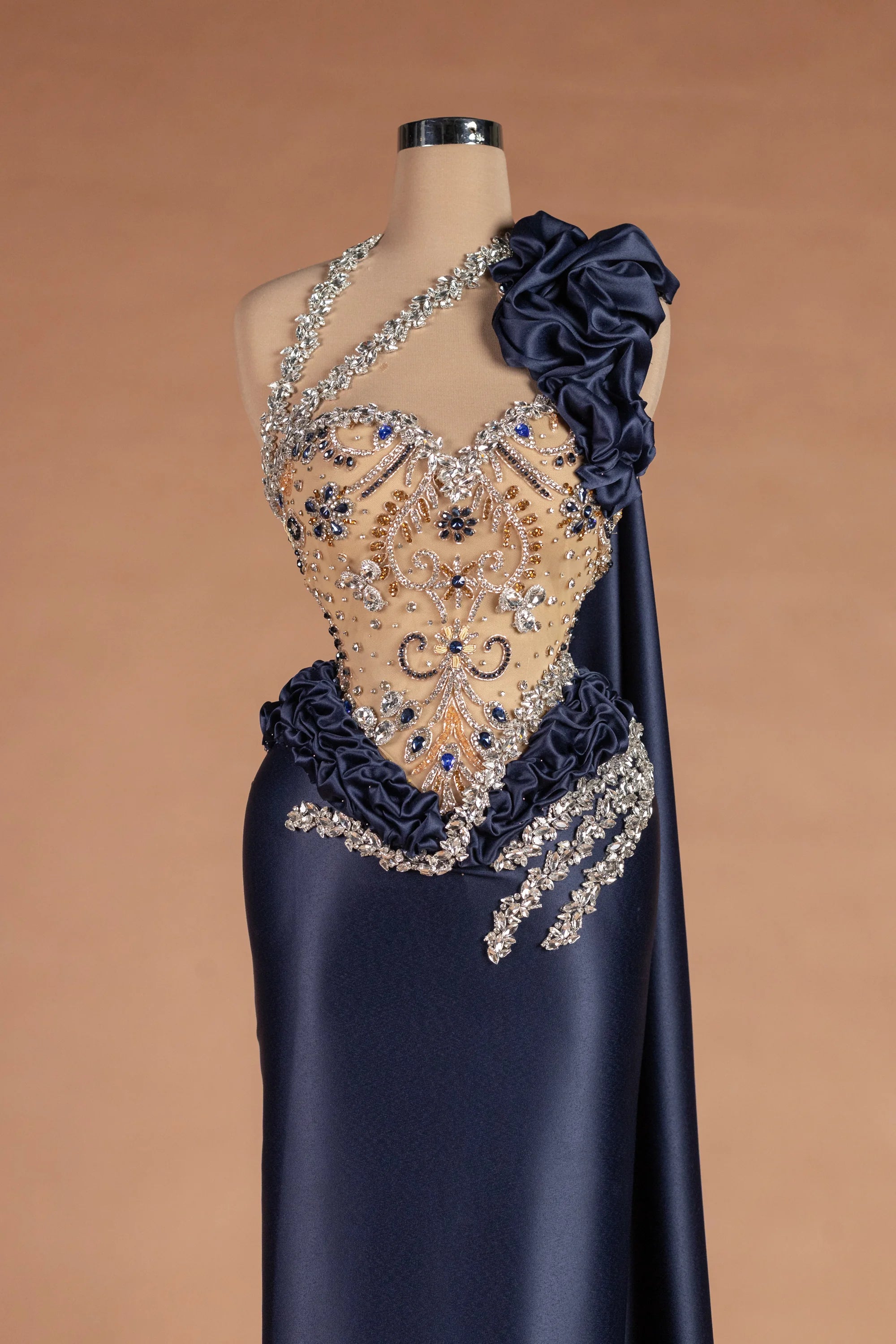 Sihëna وردة المداد — navy asymmetric sleeveless column evening dress