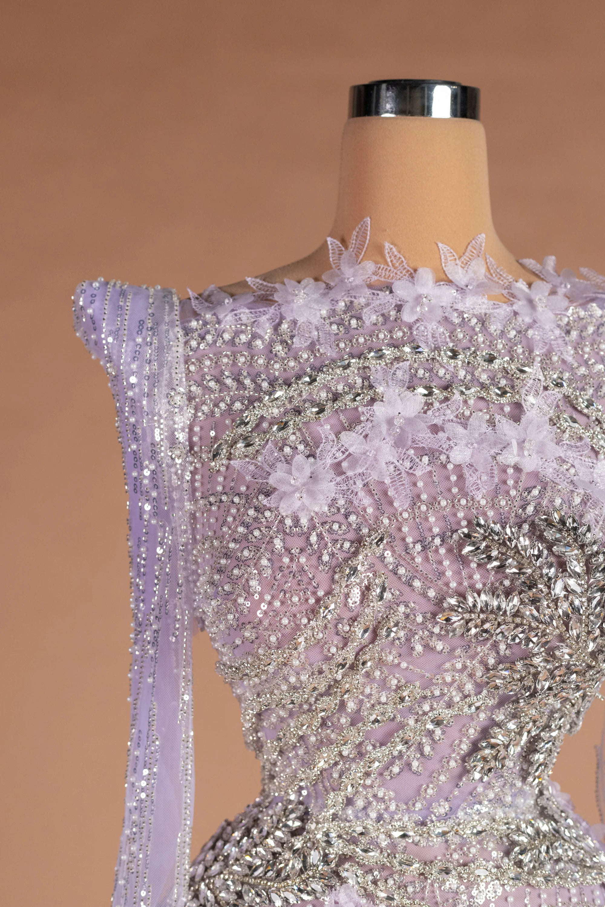 Sihëna سوسن الشُّهب — lilac illusion long-sleeve column evening dress