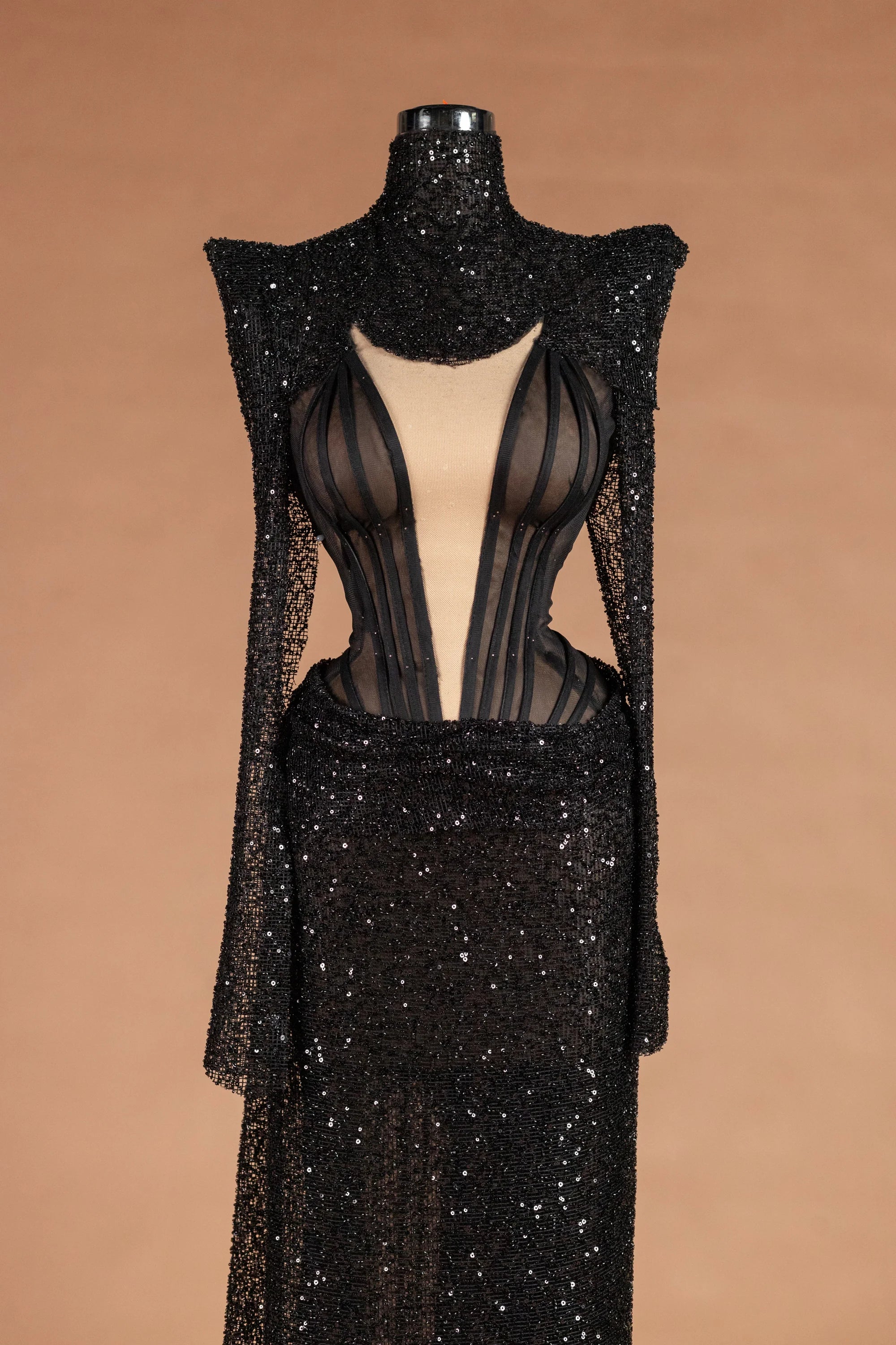 Sihëna كوكبُ المساء — black high-neck long-sleeve column evening dress