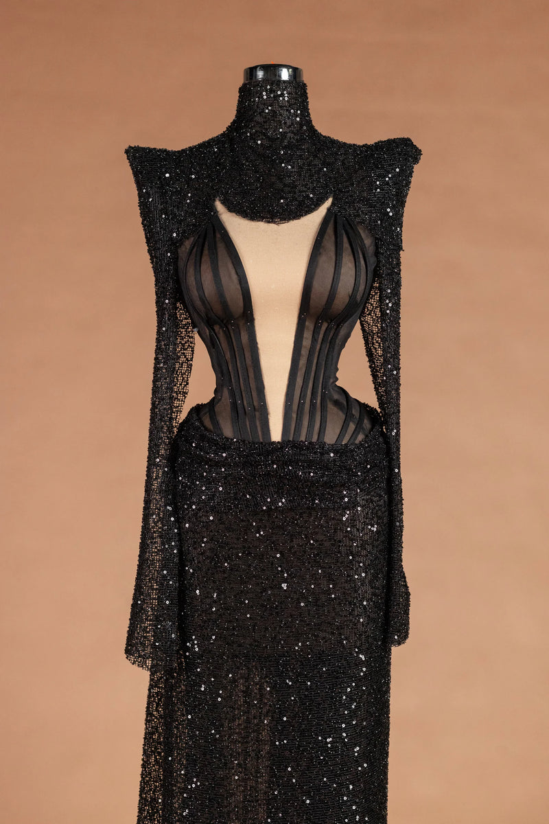 Sihëna كوكبُ المساء — black high-neck long-sleeve column evening dress
