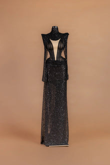 Sihëna Jet Vesper — black high-neck long-sleeve column gown with a sheer boned corset bodice.