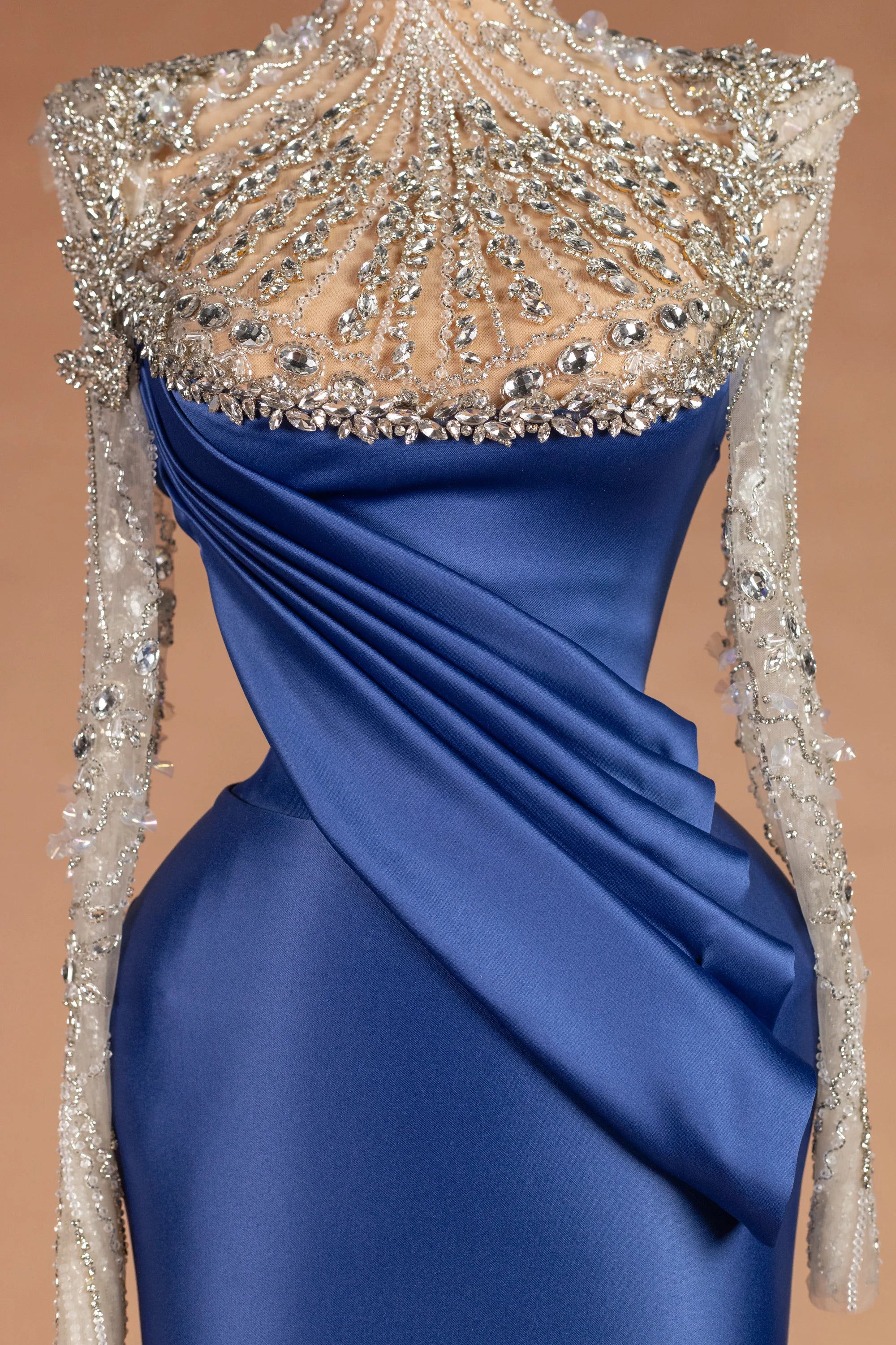 Sihëna مَدارُ اللازَوَرْد — cobalt illusion long-sleeve column evening dress