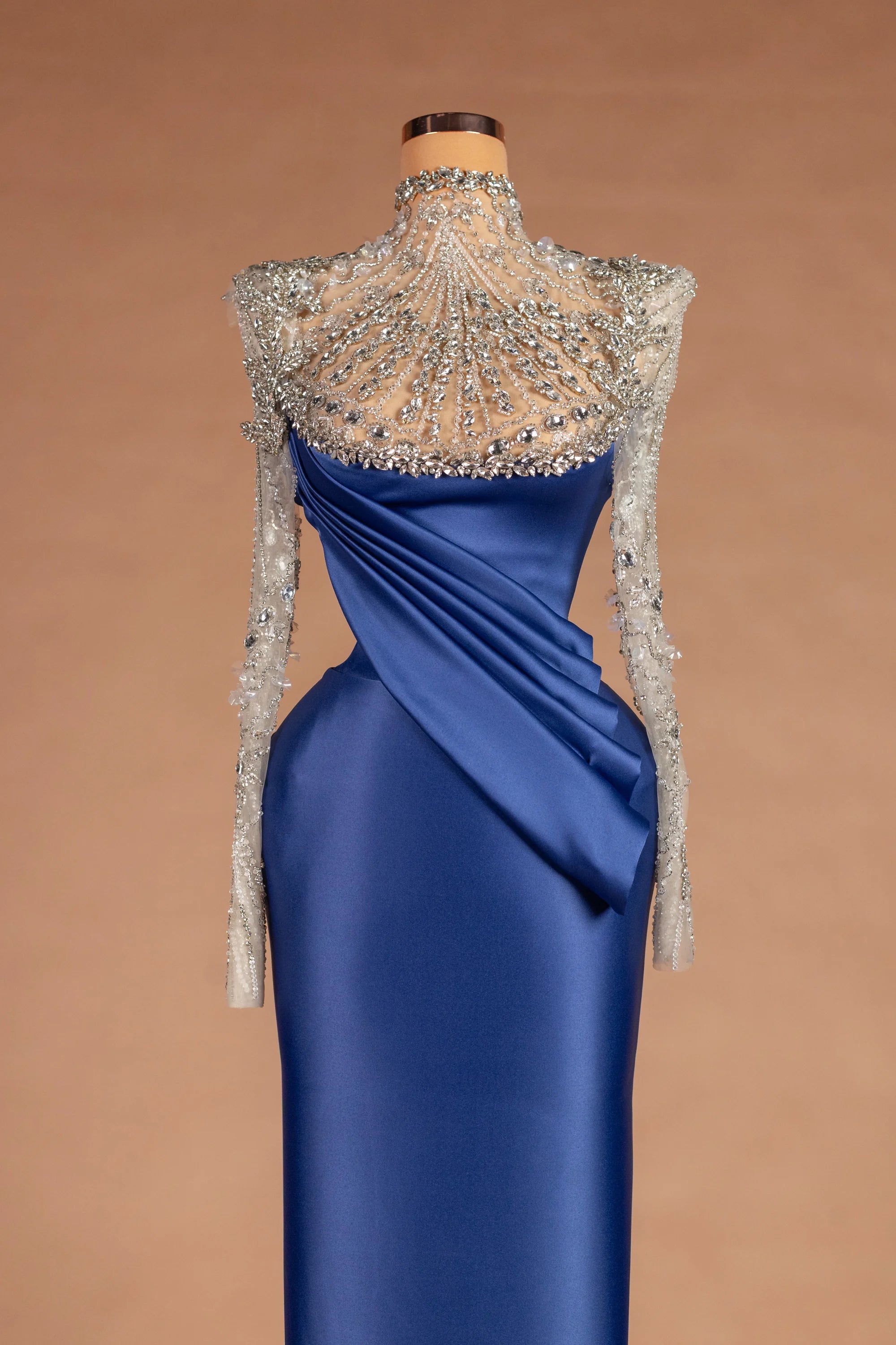 Sihëna مَدارُ اللازَوَرْد — cobalt illusion long-sleeve column evening dress