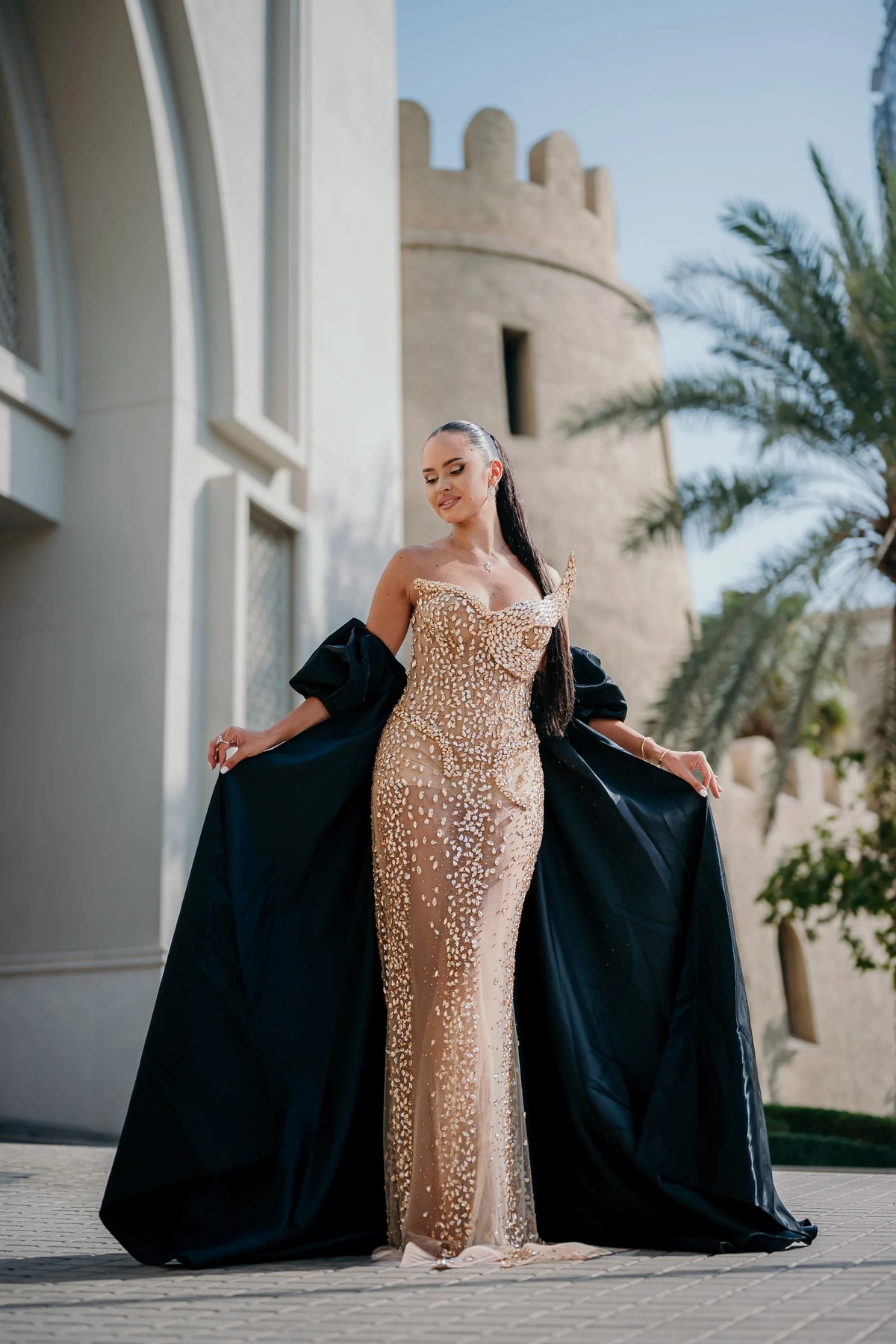 Sihëna ظِلُّ الصَّدَف — champagne strapless sleeveless column evening dress
