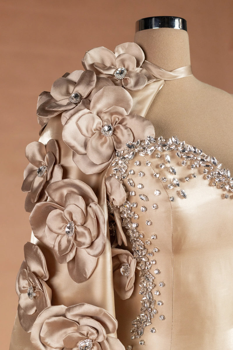 Sihëna أوركيدُ الشمبانيا — champagne asymmetric sleeveless column evening dress