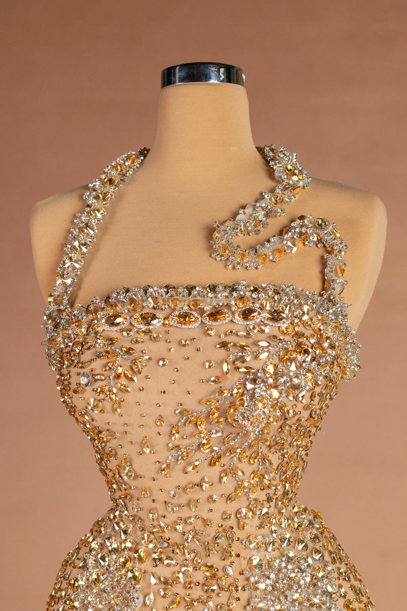 Sihëna رمالُ الذهب — gold halter sleeveless fitted evening dress
