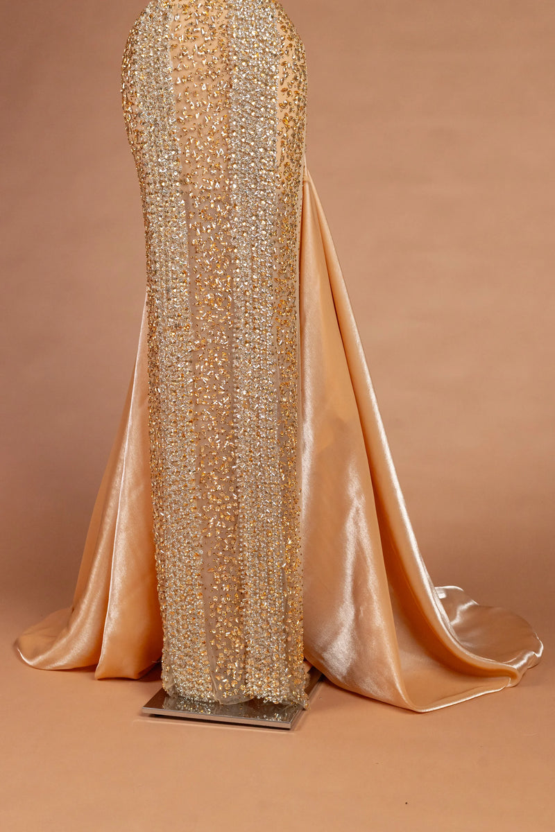 Sihëna رمالُ الذهب — gold halter sleeveless fitted evening dress