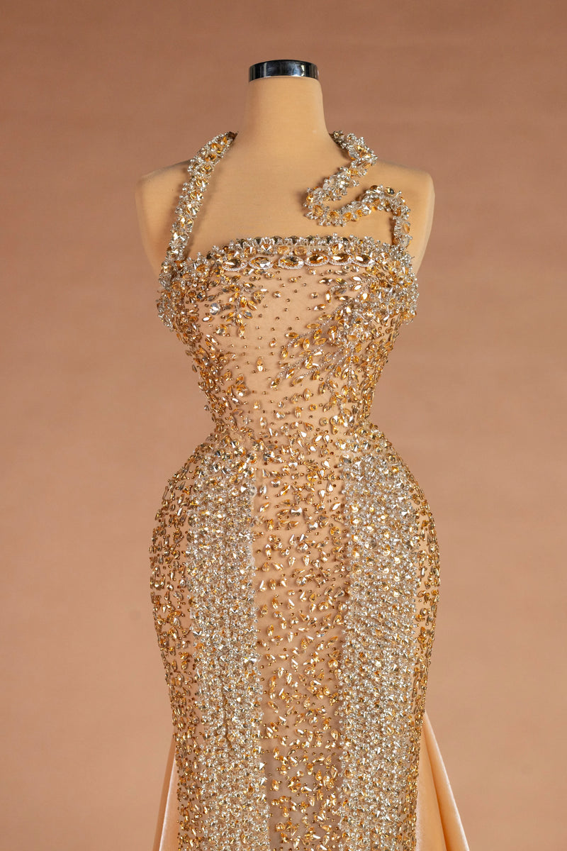 Sihëna رمالُ الذهب — gold halter sleeveless fitted evening dress