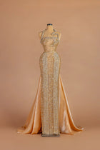 Sihëna Pavé Hourglass — gold halter sleeveless fitted gown with all-over pavé crystal beading.