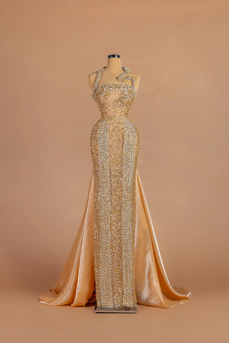 Sihëna Pavé Hourglass — gold halter sleeveless fitted gown with all-over pavé crystal beading.