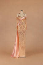 Sihëna Peach Aubade — blush halter off-shoulder column gown with allover crystal beadwork.