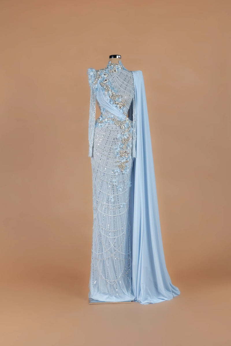 Sihëna Pearl Solstice — powder-blue high-neck long-sleeve column gown with draped pearl latticework.
