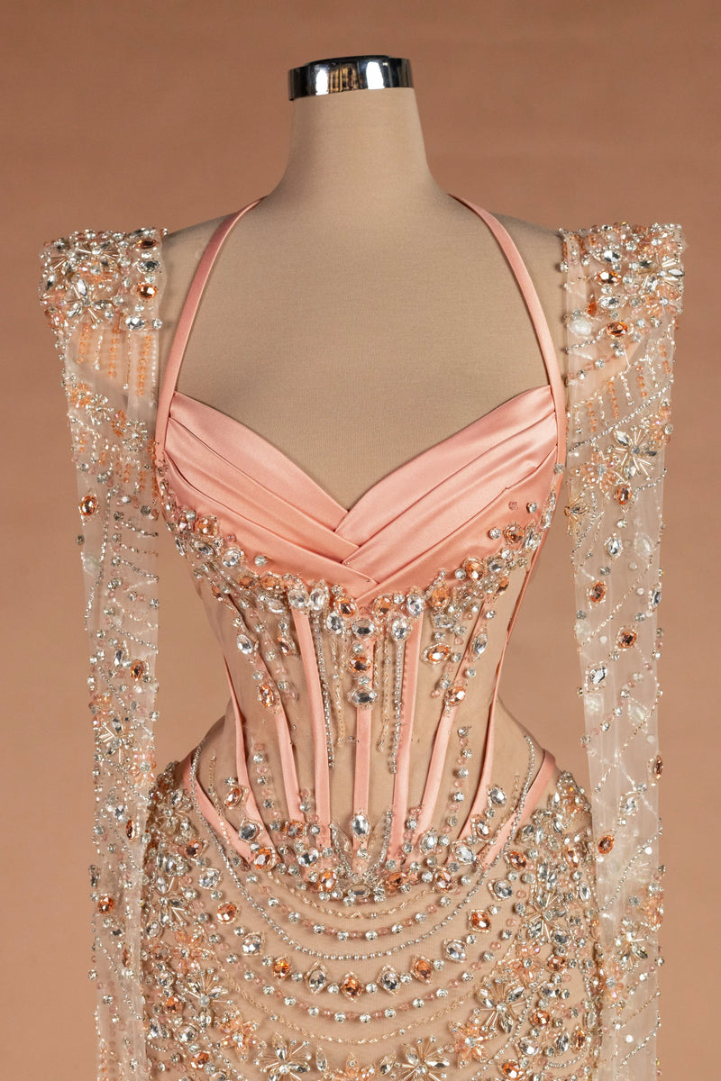 Sihëna قلائدُ الفاوانيا — blush sweetheart long-sleeve sheath evening dress