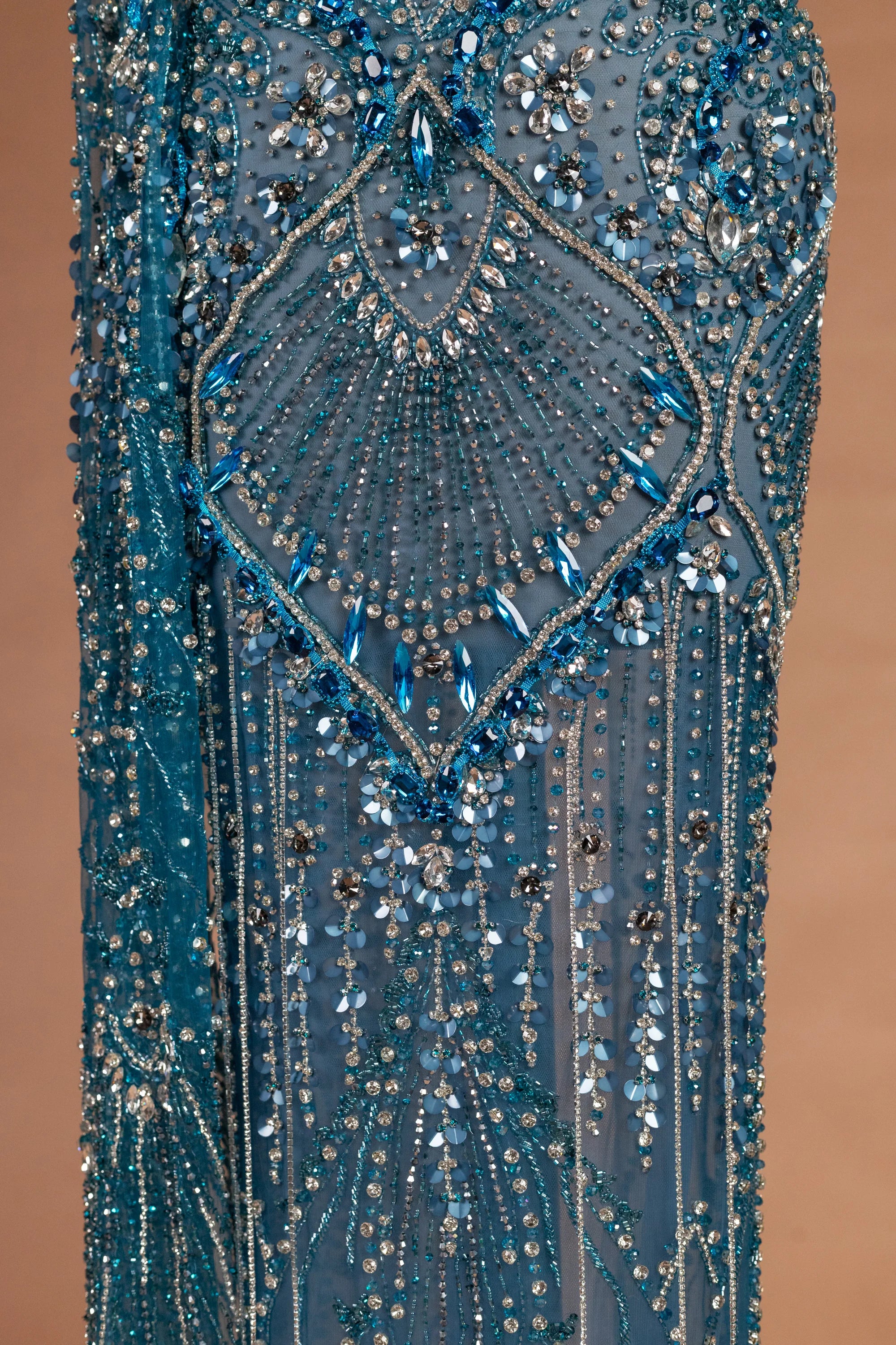 Sihëna شمسُ اللازوَرد — powder-blue halter sleeveless column evening dress
