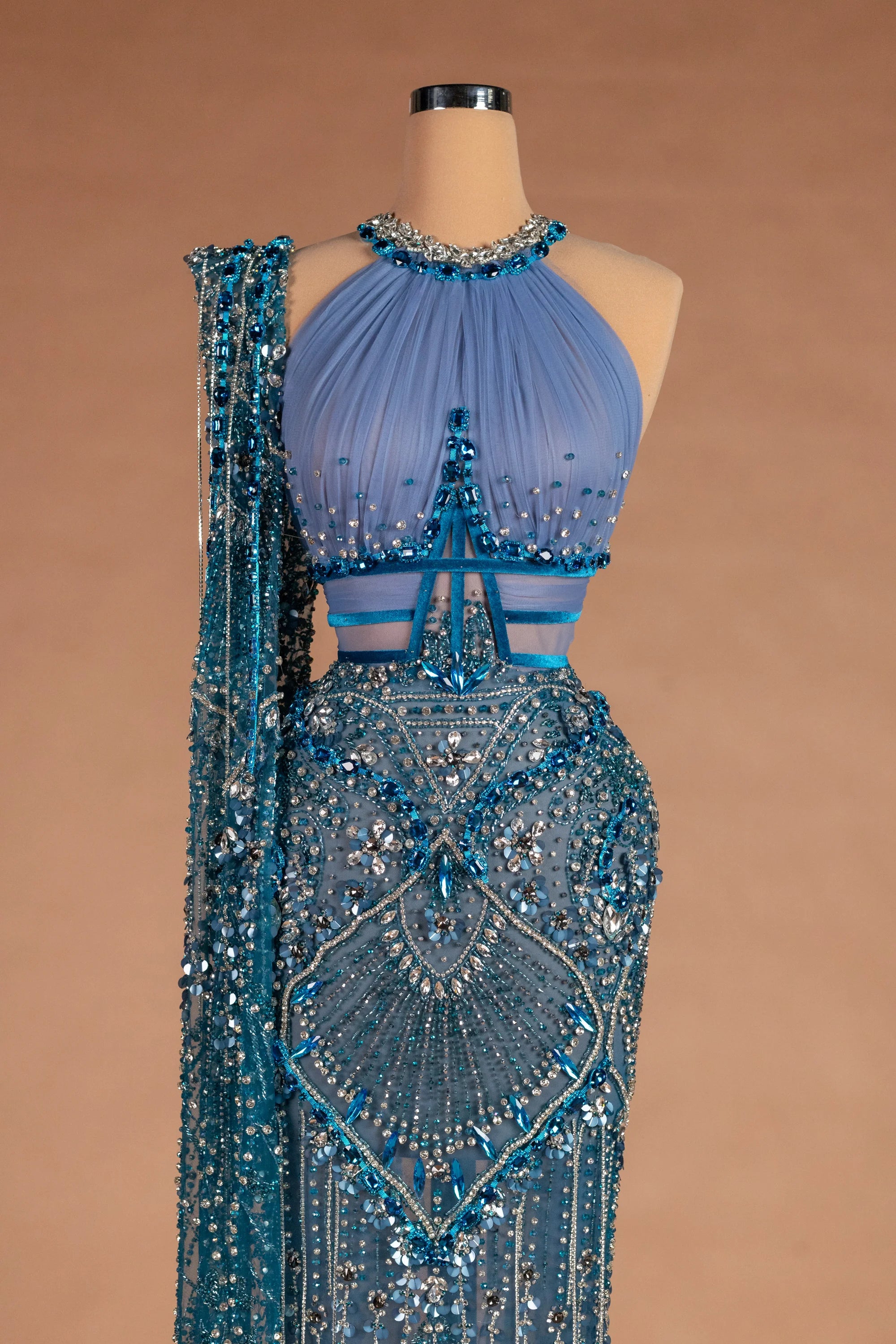 Sihëna شمسُ اللازوَرد — powder-blue halter sleeveless column evening dress