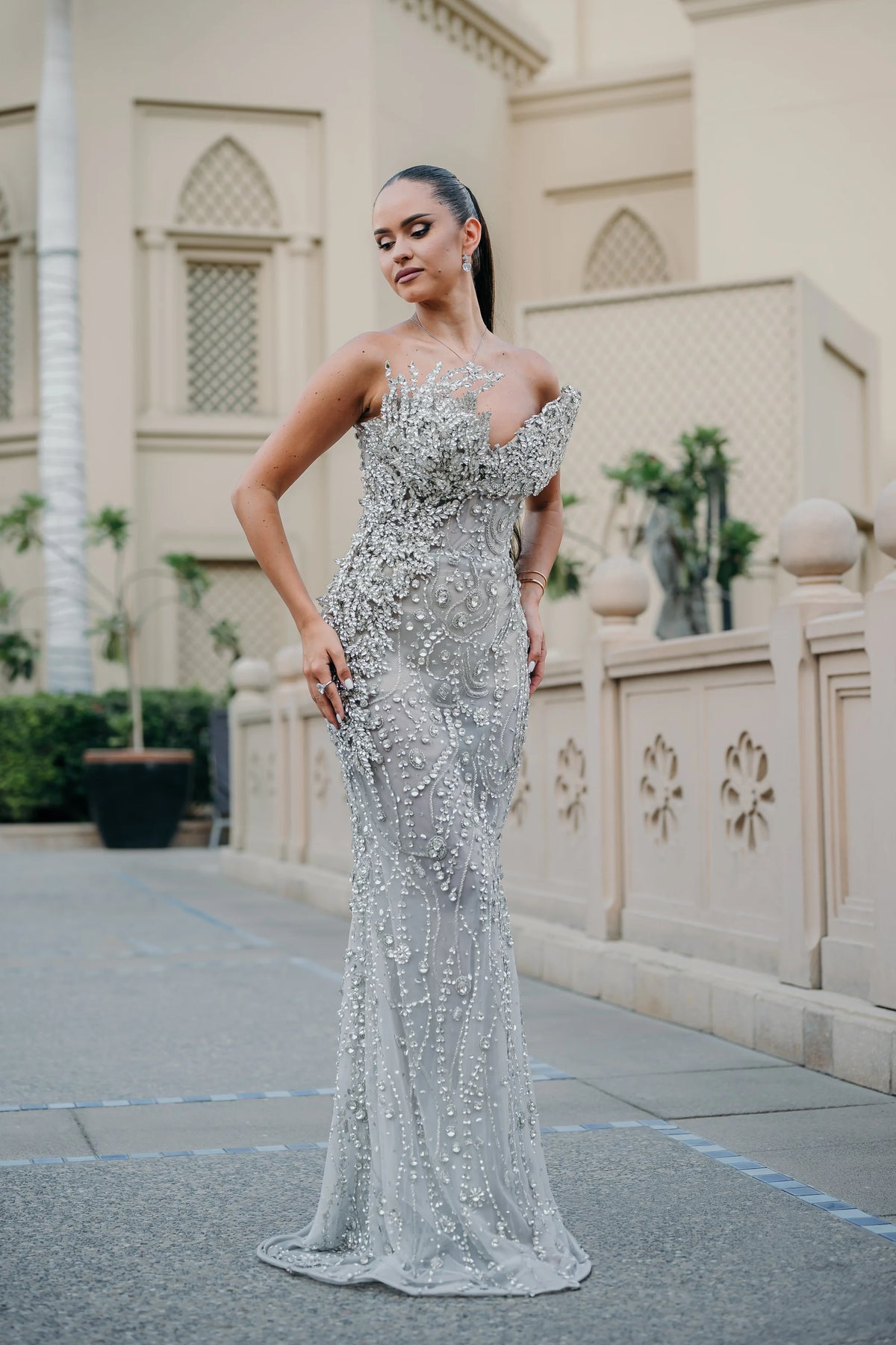 Sihëna Platinum Aigrette — silver sweetheart off-shoulder column evening dress
