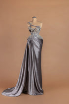Sihëna Quicksilver Drift — silver one-shoulder sleeveless fitted gown with a draped velvet side train.