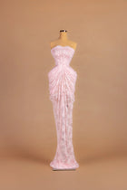 Sihëna Rosewater Mist — pink strapless sleeveless sheath gown with draped lace detailing.