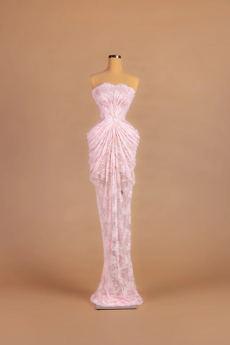 Sihëna Rosewater Mist — pink strapless sleeveless sheath gown with draped lace detailing.