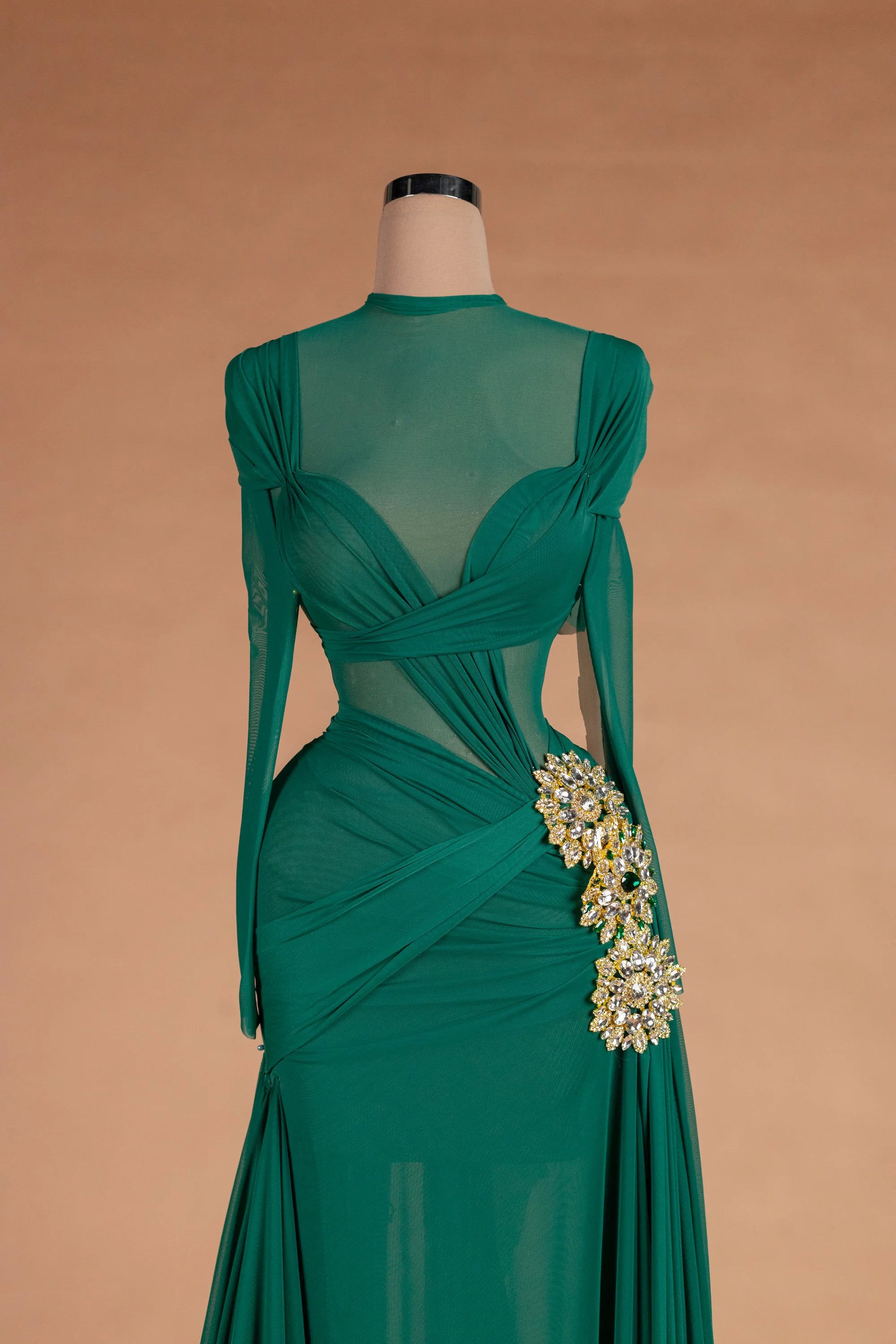 Sihëna سِرُّ الغاب — emerald illusion long-sleeve a-line evening dress