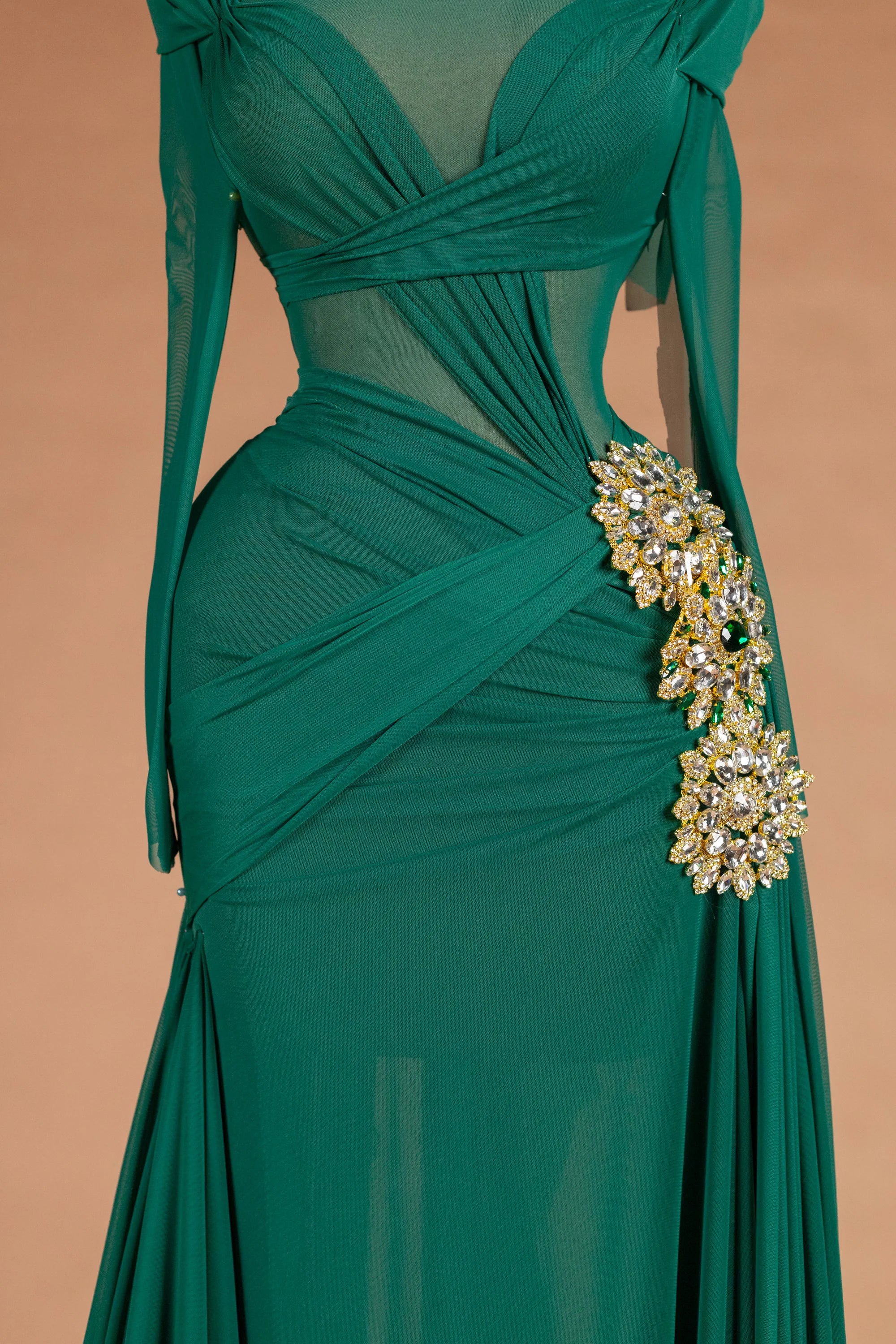 Sihëna سِرُّ الغاب — emerald illusion long-sleeve a-line evening dress