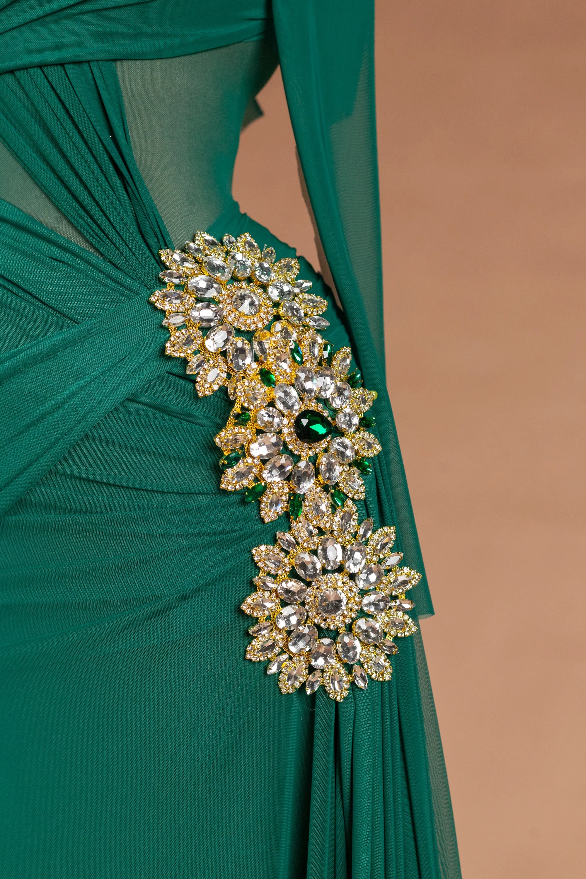 Sihëna سِرُّ الغاب — emerald illusion long-sleeve a-line evening dress