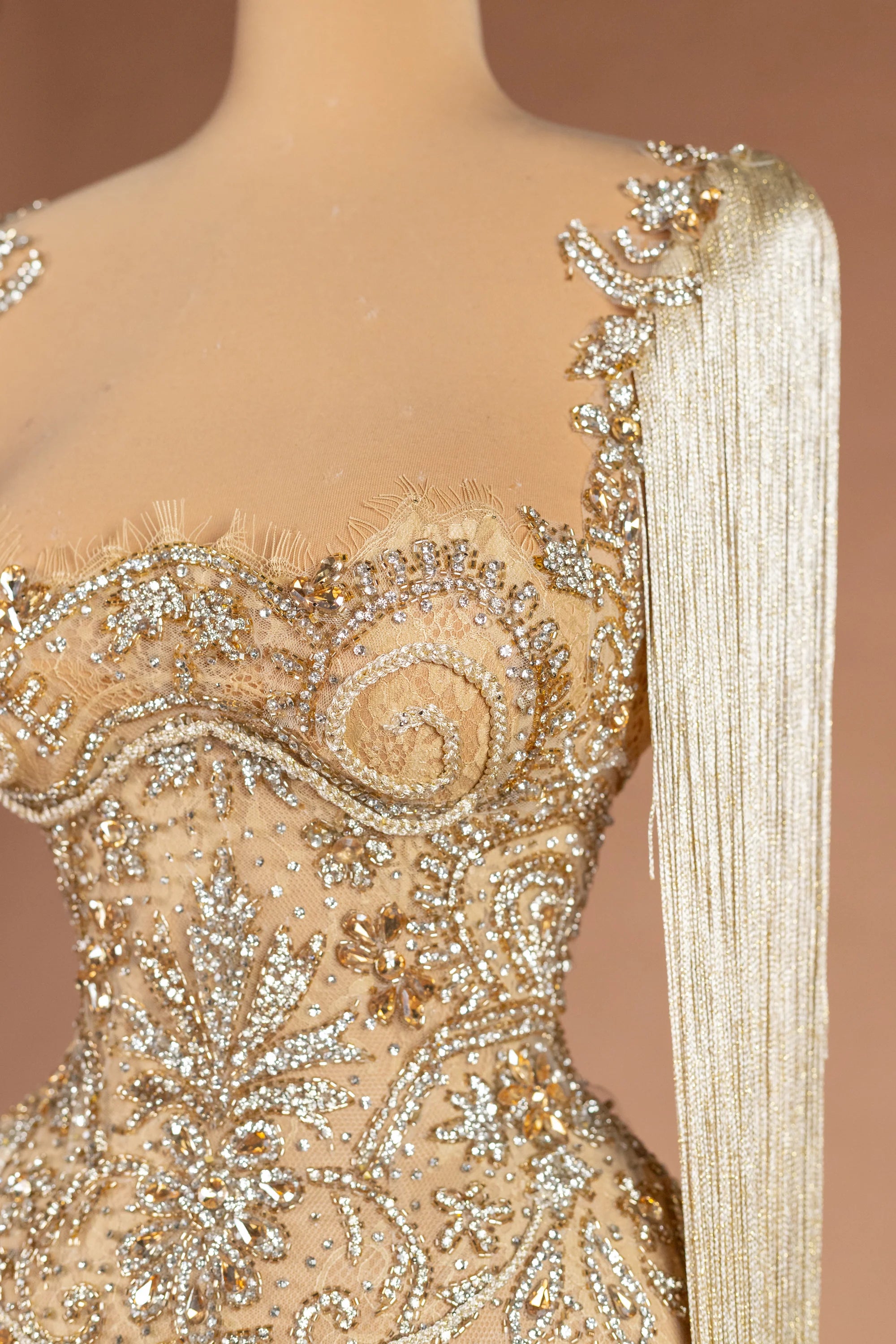 Sihëna الثريّا المُذهّبة — champagne illusion sleeveless column evening dress