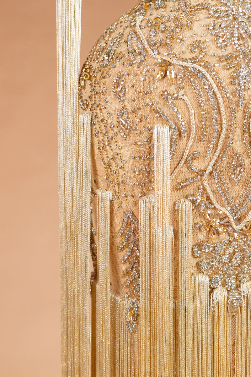 Sihëna الثريّا المُذهّبة — champagne illusion sleeveless column evening dress