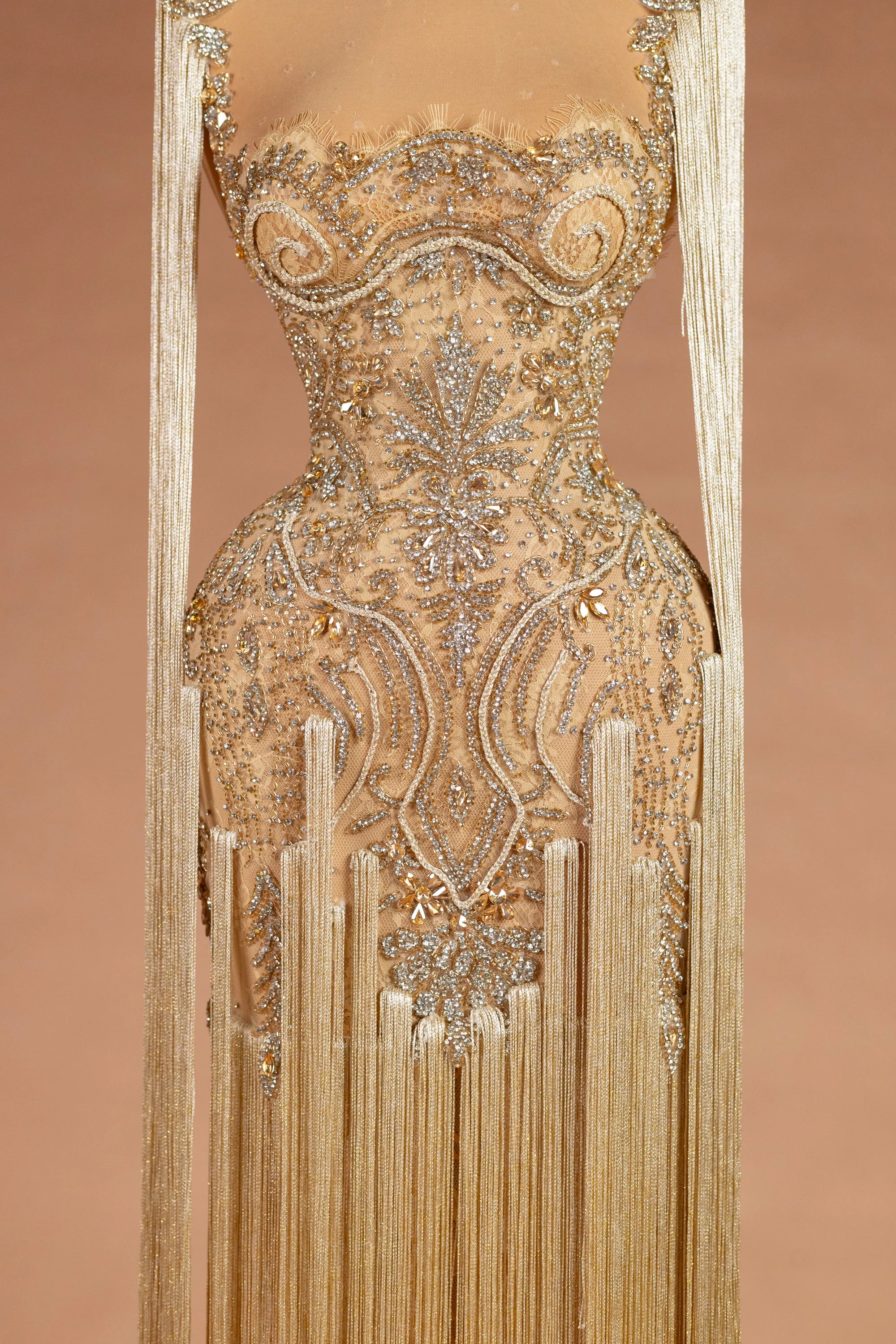Sihëna الثريّا المُذهّبة — champagne illusion sleeveless column evening dress