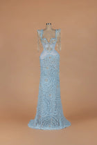 Sihëna Winter Waltz — powder-blue v-neck sleeveless mermaid gown with crystal-beaded 3D floral ruffles.
