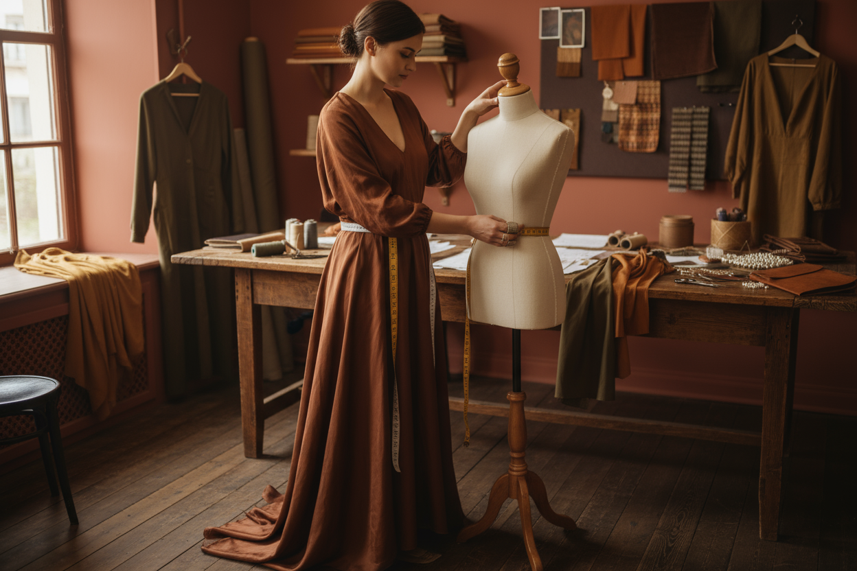 woman brown color tailor hands in manequinn taking measurements  in a cozy environment